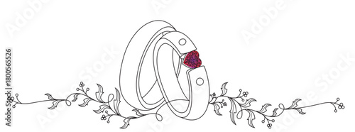 Line art style vector illustration of a wedding ring with a heart diamond
