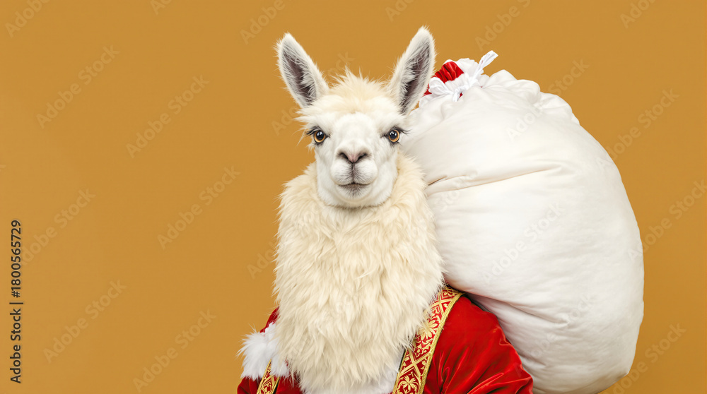 Obraz premium Whimsical llama in santa costume carrying a white gift sack