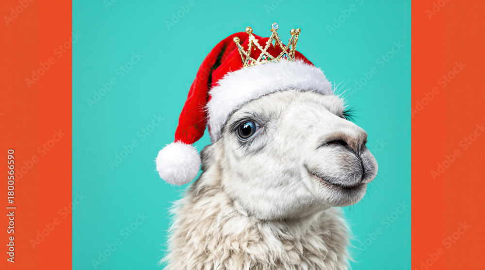 Naklejka premium Adorable llama in a Santa hat with a golden crown on a vibrant turquoise background