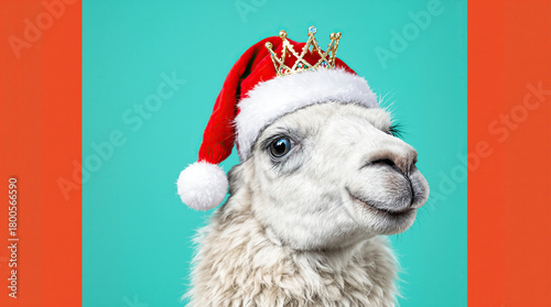 Adorable llama in a Santa hat with a golden crown on a vibrant turquoise background