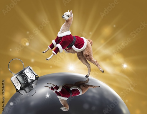 Whimsical llama in santa costume jumping above a reflective christmas ornament with golden light