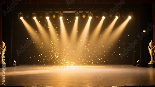 Illuminated stage with golden award trophies and sparkling confetti