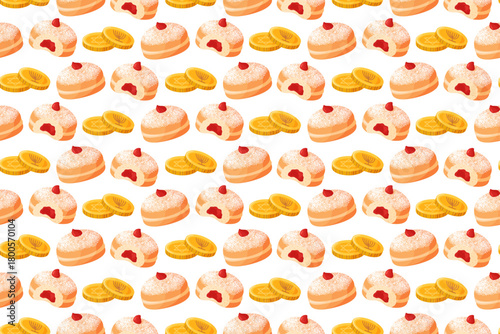 Seamless pattern with sufganiyot and chocolate gelt coins in cute festive flat style. Ideal for Hanukkah themed wrapping paper, textiles, wallpapers, and holiday designs. Vector illustration