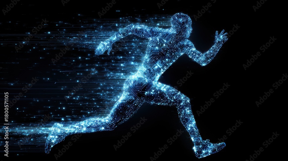 Fototapeta premium Glowing digital human figure sprinting, symbolizing AI and technology