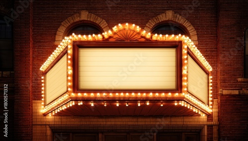 Empty theater marquee glowing with red neon and classic cinema entrance
