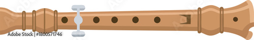 Illustration of a wooden recorder, a wind instrument, with finger holes and keys.