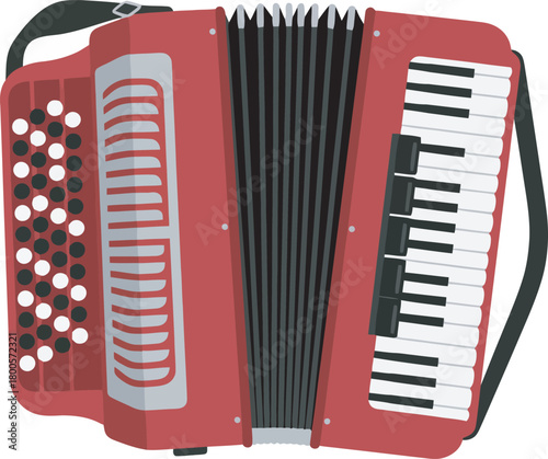 Red accordion with white and black keys, bellows, and buttons.