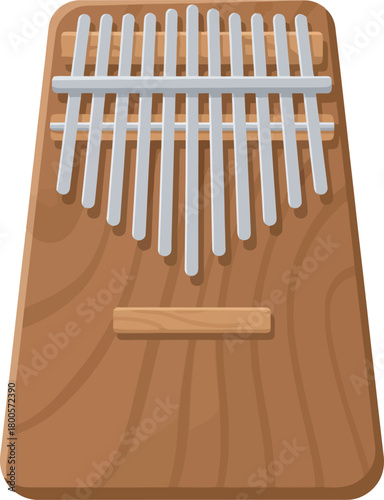 A detailed illustration of a wooden kalimba musical instrument, showing its tines.