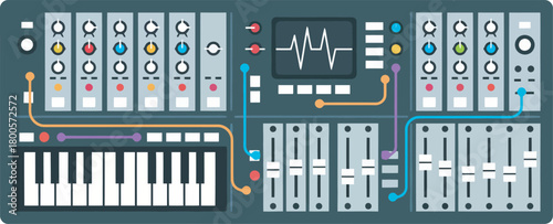 A detailed illustration of a synthesizer with various modules and controls, ready to create music.