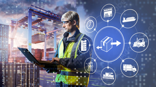 Logistics coordinator manages smart supply chain processes on a laptop, tracking shipment flow, warehouse operations, and transport routes at a busy container port.