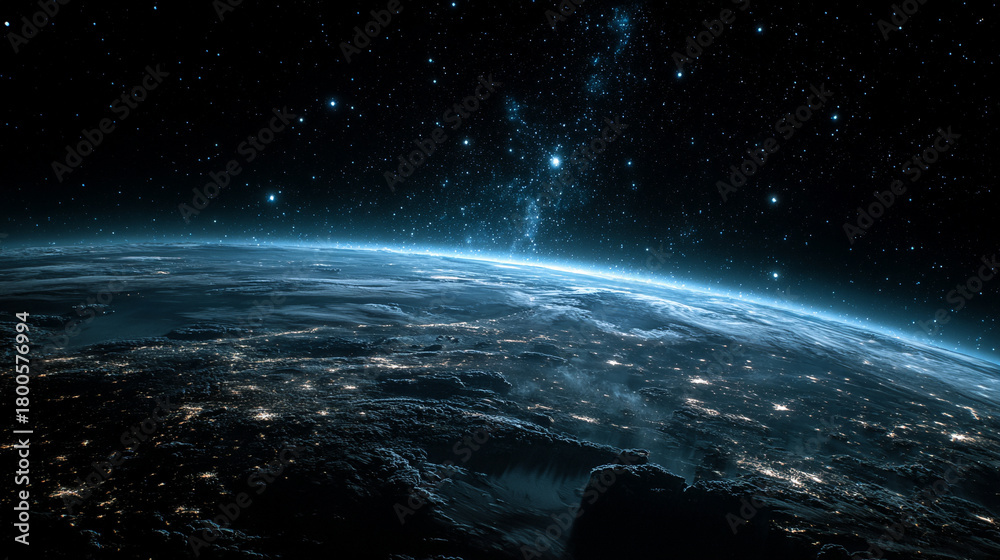 Fototapeta premium A stunning view of Earth from orbit at night, illuminated cities and continents glowing against the dark expanse of space, capturing planetary beauty and isolation.