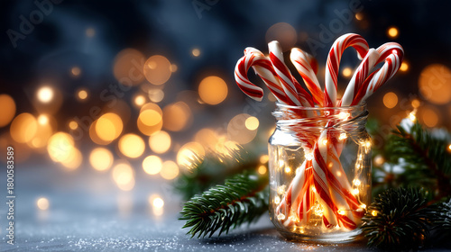 Festive candy canes glowing in jar adorned with warm fairy lights next to pine branches, evoking cozy holiday cheer and winter magic