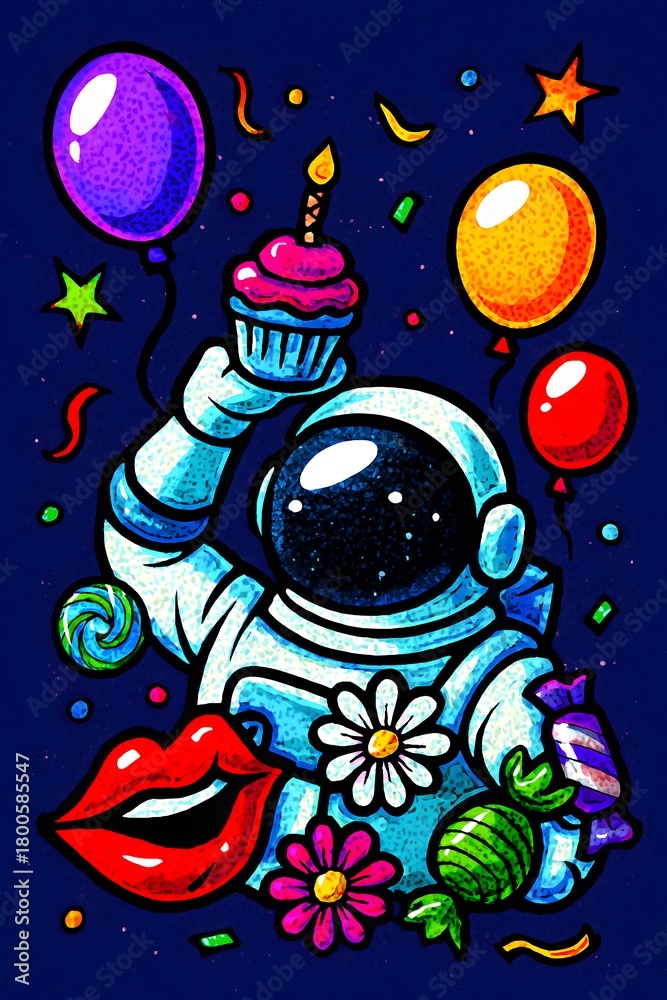 Fototapeta premium Astronaut celebrating birthday with cupcake balloons and party elements in space
