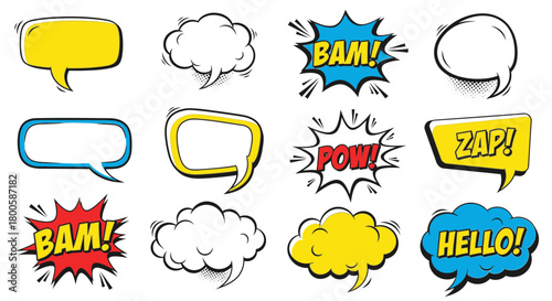 Dynamic comic book speech bubbles set for creative projects, adding action and retro vibes to your designs with engaging cartoon talk elements
