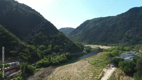 Aerial view of the high mountains and river in yangjiaxi, xiapu Fujian, China. High quality 4k footage
