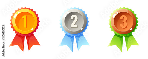 Three medals in gold, silver, and bronze colors with ribbons. The medals are numbered 1, 2, and 3, symbolizing achievement and competition.