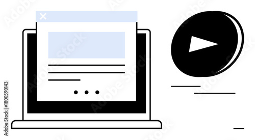 Laptop screen highlighting website layout and browser elements with a play button symbolizing video or media. Ideal for technology, web design, streaming, content creation, user interface, media