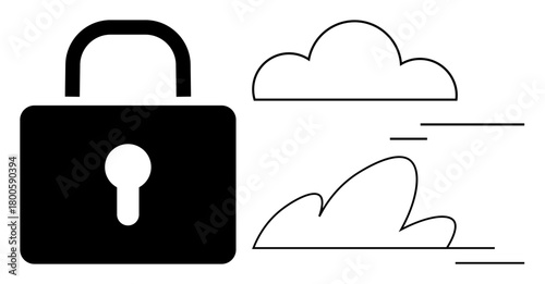 Lock symbolizes security while clouds represent cloud computing. Ideal for cybersecurity, privacy, encryption, cloud storage, data protection, internet safety, modern technology. Simple flat metaphor