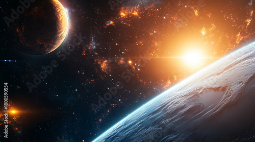 Fototapeta Naklejka Na Ścianę i Meble -  Vast cosmic scene with planets floating in deep space, surrounded by stars, nebulae, and glowing cosmic dust. Evokes wonder, exploration, and the infinite universe.