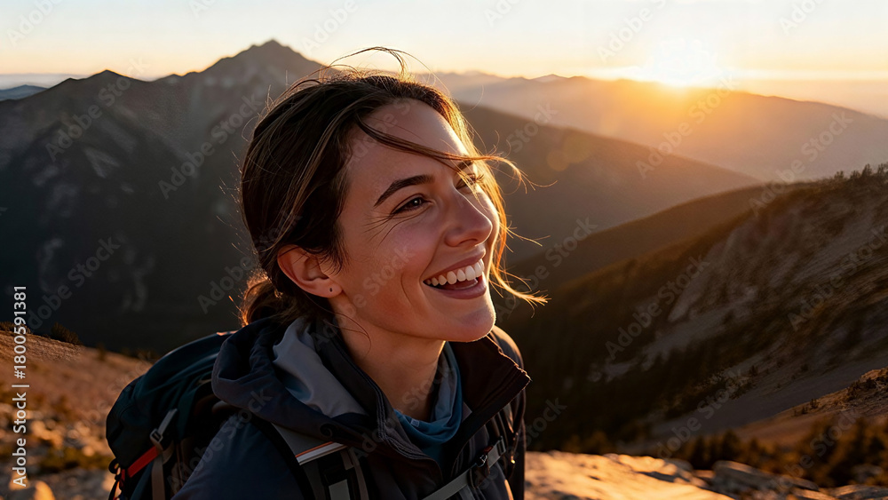 Naklejka premium A young woman standing on a mountain viewpoint at sunrise. Women Day, International Women Day, Happy Women Day, Happy International Women Day