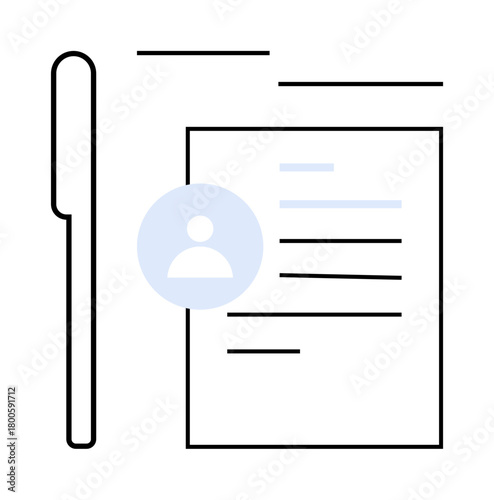 Pen alongside a document featuring a profile avatar and text lines, emphasizing forms, records, and identity. Ideal for recruitment, registration, contracts, data entry, personal information