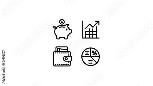 Simple financial icons of savings, investment, and planning.