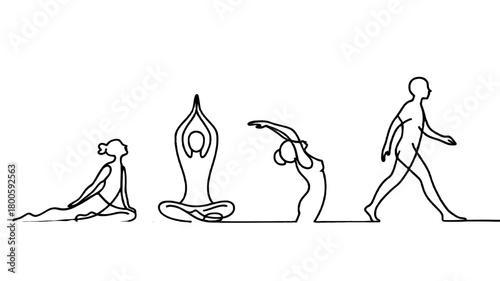 Line art illustration of a person practicing yoga, promoting wellness and serenity.