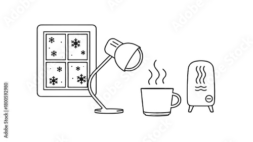 A cozy indoor scene with a warm drink and a snowy view through the window.