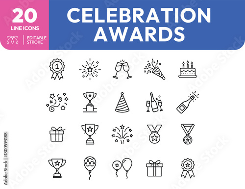 Celebration and Awards Line Icons Trophies Champagne Cake and Party Favors