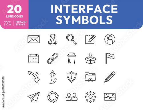 Collection of twenty interface symbols in line art style editable stroke