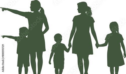 Family silhouettes of parents and children pointing and holding hands vector illustration