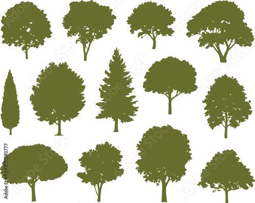 Collection of green tree silhouettes on a white background Keywords: trees, nature, silhouette