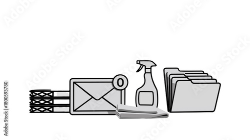 Email, folders, cleaning products, and documents, represented in clean illustration.