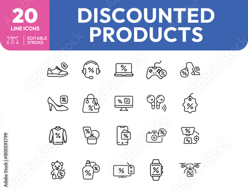 Discounted Products Line Icons Shoes Headphones Laptop Controller Vacuum Heels Bag