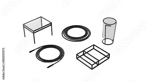 Arrangement of several modern metal frame furniture