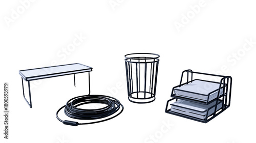 An office desk set with a bin, tray, and a cable.