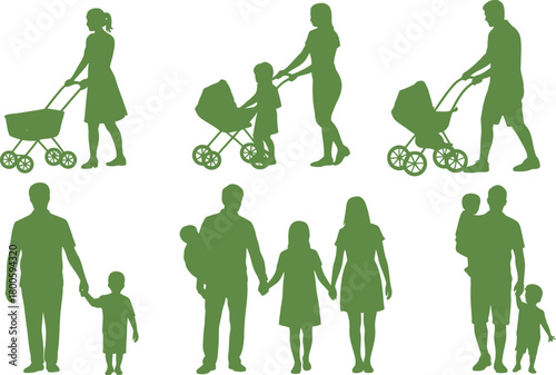 Silhouettes of families with children and baby strollers on a white background family