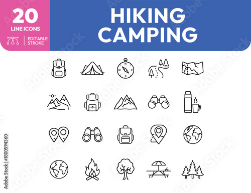 Hiking and Camping Line Icons Backpack Tent Compass Map and Campfire