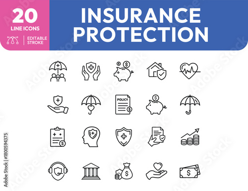 Insurance Protection Line Icons Financial Security Health and Property Coverage