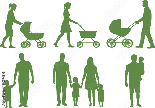 Silhouettes of families with children and baby strollers on a white background family