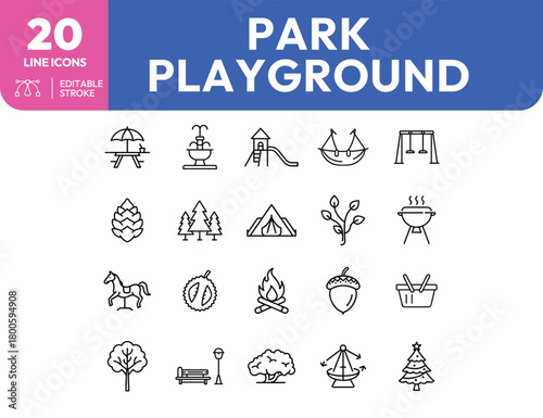Park and playground line icons featuring picnic table fountain slide swing and trees