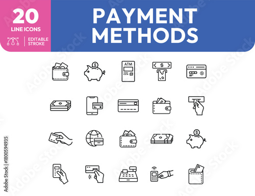 Payment Methods Line Icons Wallets Piggy Banks ATM Credit Cards and Cash