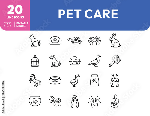 Pet Care Icons Diverse Animal Collection and Accessories in Line Art Style