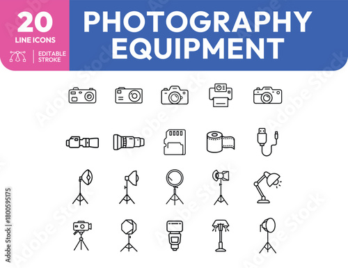Photographic Equipment Line Icons Cameras Lenses Lighting and Accessories