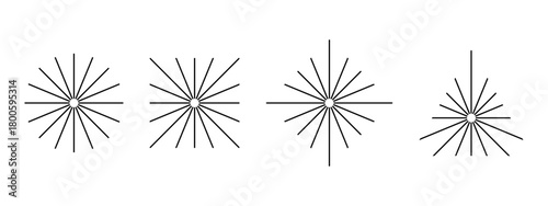 Straight radial lines in round, square and triangular shapes. Sun rays icons. Set of solar signs. Radiance, explosion or firework symbols isolated on white background. Vector graphic illustration.