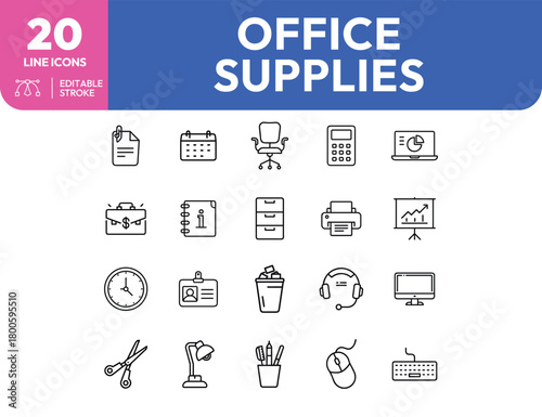 Twenty Line Icons Depicting Various Office Supplies and Equipment in Black Outline