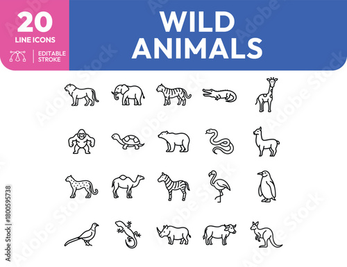 Twenty Wild Animal Line Icons Lion Elephant Tiger Crocodile Giraffe and More