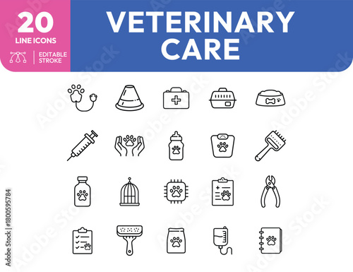 Veterinary care line icons pet health grooming medical tools and supplies
