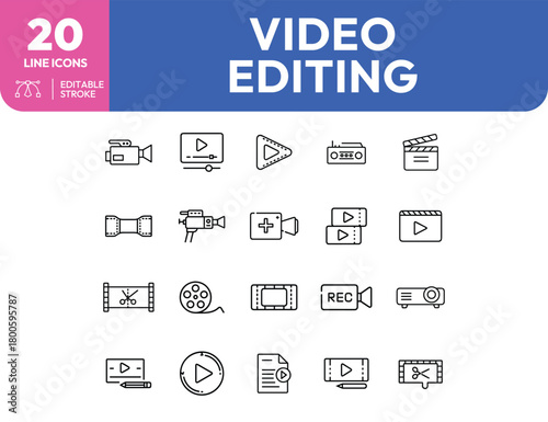 Video Editing Line Icons Camera Play Button Film Reel and Editing Tools