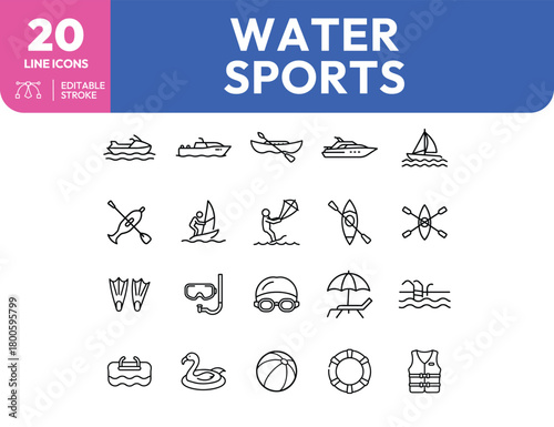 Water Sports Line Icons Jet Ski Speedboat Canoe Yacht Sailboat and More